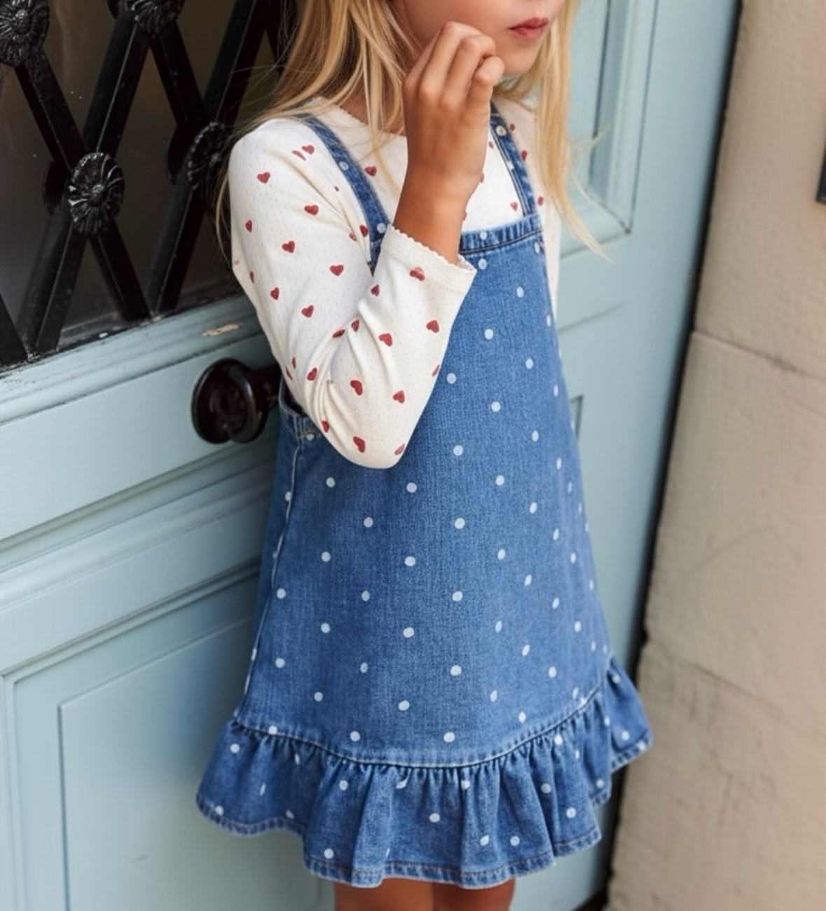 denim kjole - white dots